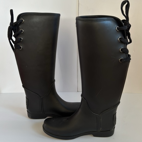 Coach Tristee Tall Black Rubber Matte Lace Up Slip on Rain Boots Size 8 - Picture 13 of 14